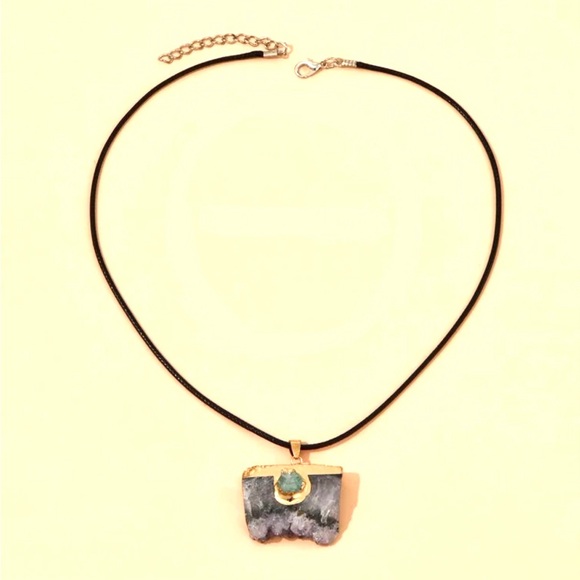 Amethyst Cluster Gold Dipped Square Geometric Aqua Sugar Quartz Crystal Necklace - Picture 4 of 5